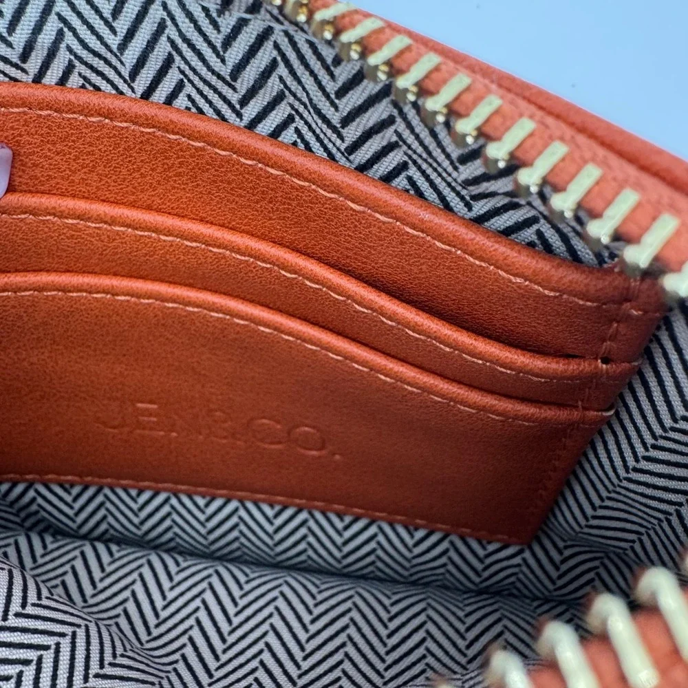 Jen & Co Burnt Orange Vegan Leather Slim Zip Card Case Wallet Gold Hardware